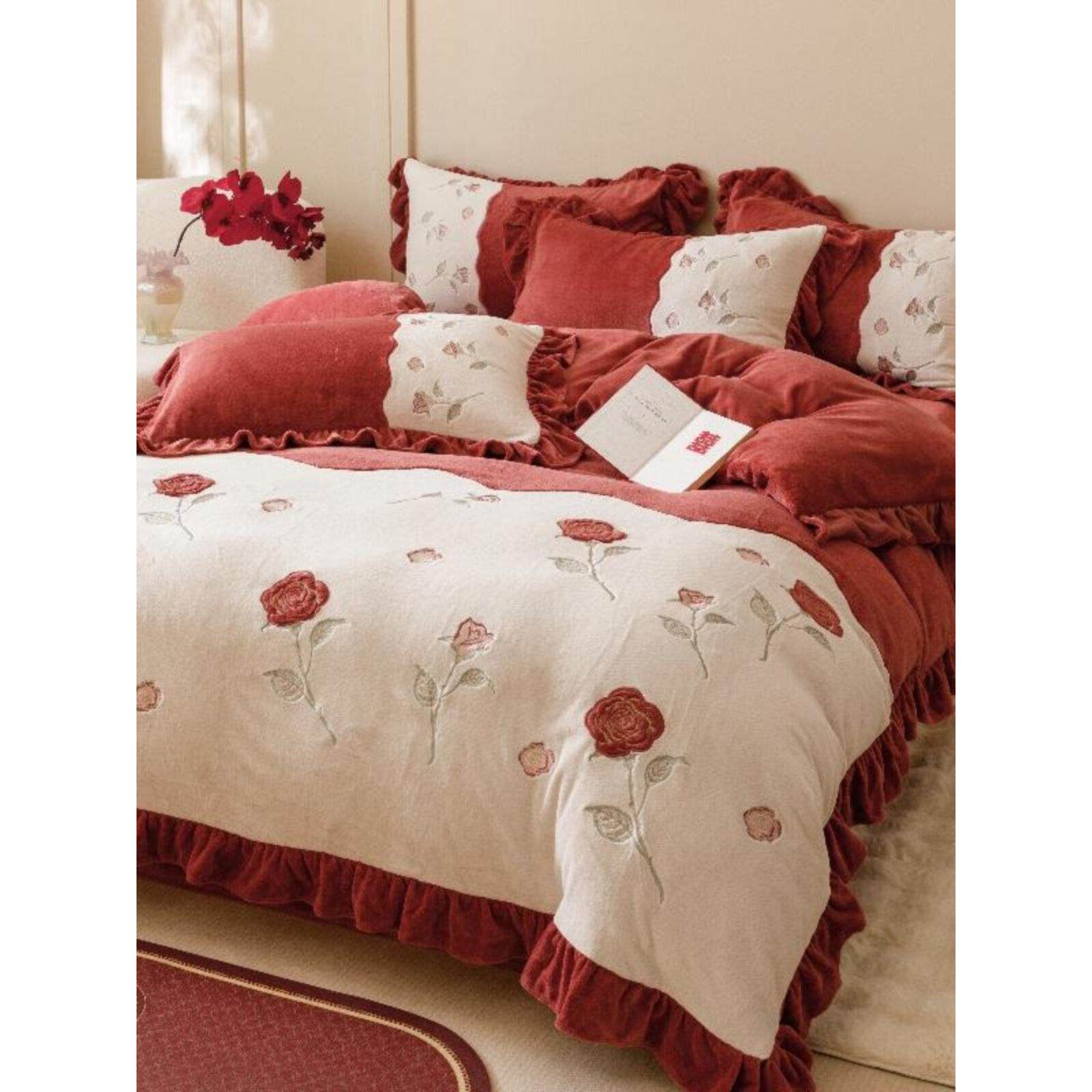 秋冬季红色玫瑰牛奶绒婚庆四件套加厚保暖珊瑚绒结婚喜被床上用品