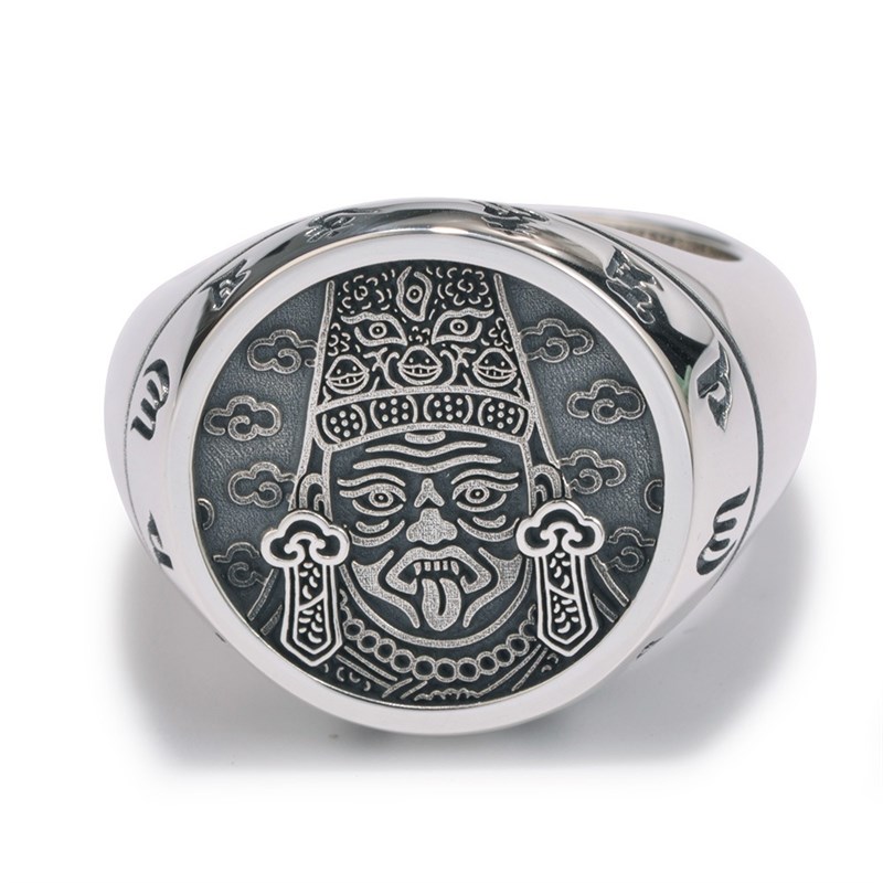 复古唐卡黑财神赞布绿q那布金刚不动六字真言藏银戒指男女开口饰