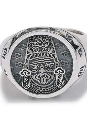 复古唐卡黑财神赞布绿q那布金刚不动六字真言藏银戒指男女开口饰