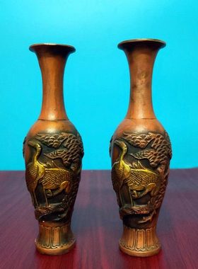 黄铜复古仙鹤花瓶1对 客厅家居中式工艺品 五供