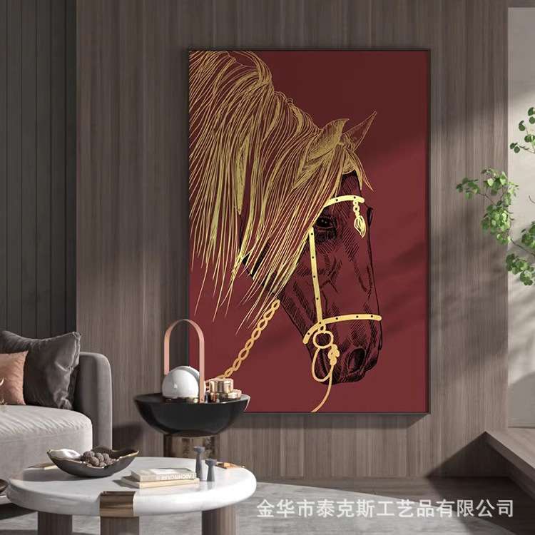 现代轻奢红色烫金骏马挂画玄关过道走廊装饰画客厅大幅高级落地画图片