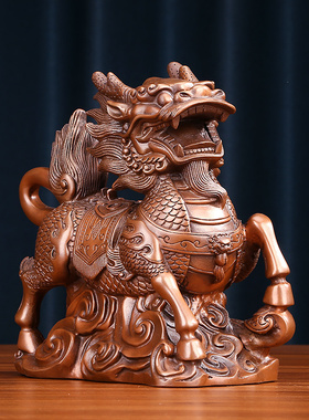紫铜麒麟摆件一对中式家居办公室装饰品铜工艺品公司开业乔迁礼品