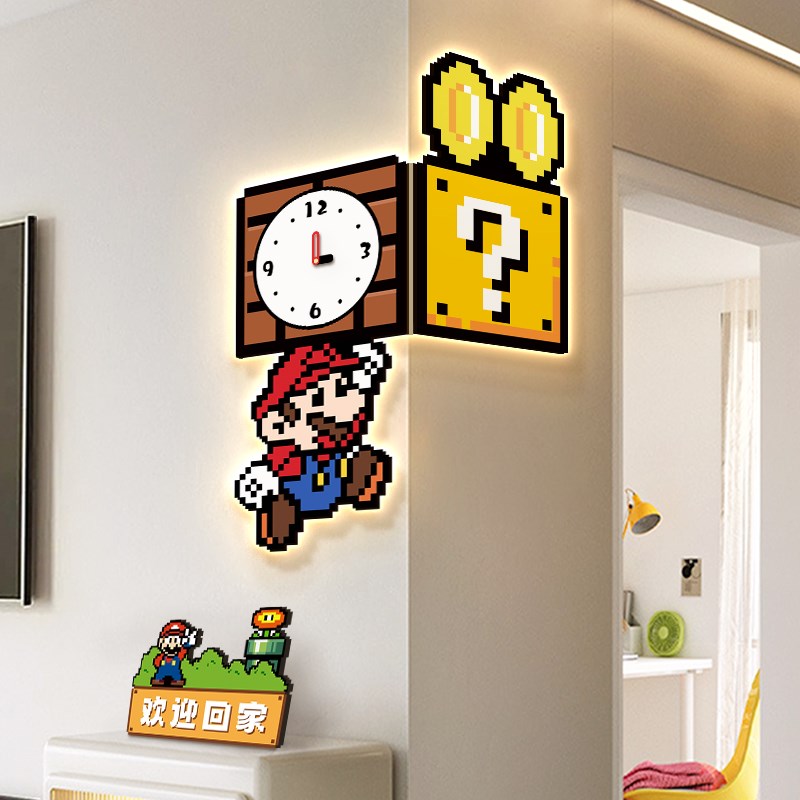 创意马里奥双面转角时钟挂墙画高级感客厅拐角钟表墙壁装饰画带灯