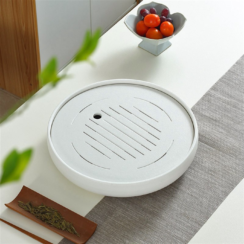 OQ5M陶瓷小茶盘简约家用储水式白色圆形干泡茶台功夫茶具托盘