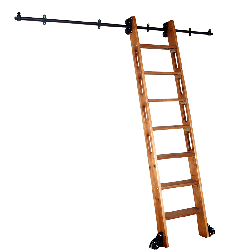 书架实木家用滑道木直梯子扶梯图书馆室内多功能书柜滑轮移动木梯