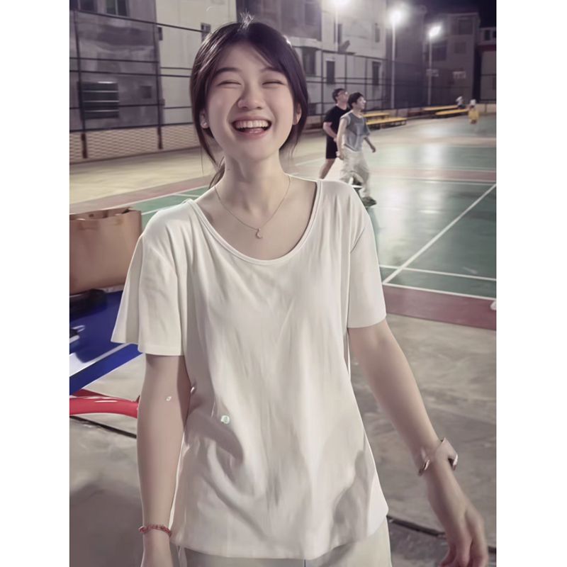 白色v领正肩宽松短袖女夏