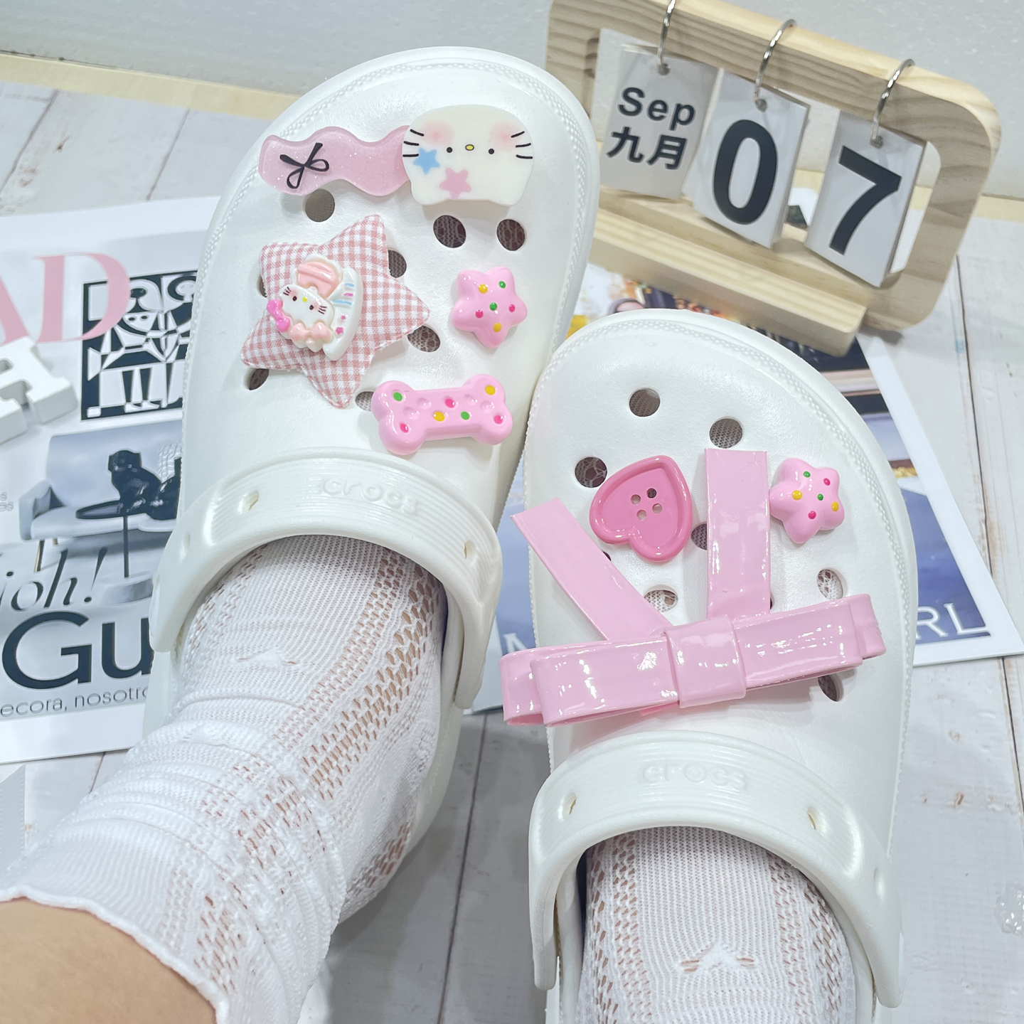 适配crocs洞洞鞋配饰鞋花diy可爱卡通粉色蝴蝶结洞洞扣装饰卡扣女