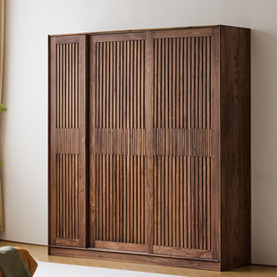 三马家具 北美黑胡桃木推拉开门全实木移门衣柜收纳柜 格栅衣柜