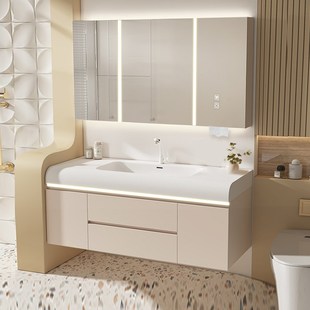 肤感可丽耐陶瓷一体盆浴室柜组合奶油风卫生间洗手脸池洗漱台卫浴