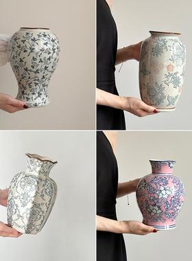 青花瓷复古陶瓷花瓶摆件客厅插花水培陶罐轻奢高级感装饰品新中式