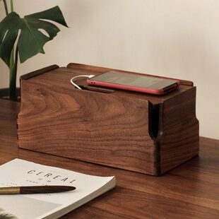 三思工房黑胡桃木集线盒实木排插收纳盒插座整理盒桌面电线理线盒