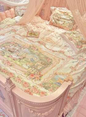 梦境编织【现货】原创春日记粉色支贡缎长绒棉全棉床上四件套