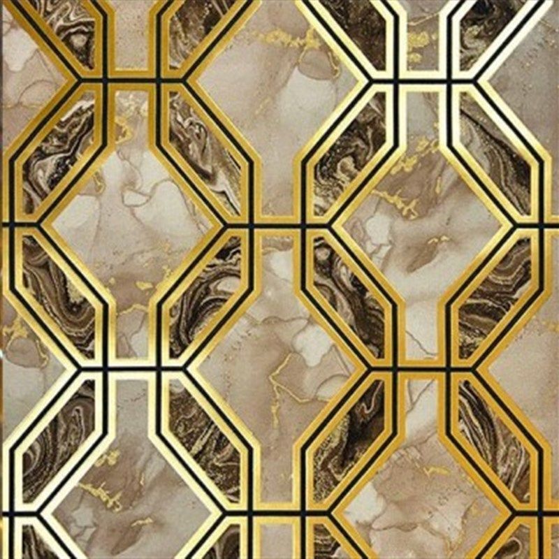 3D立体几何抽象波浪纹PVC壁纸客厅背景酒吧餐厅复古金边墙纸出口