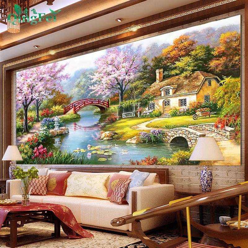 青飞新款梦幻家园十字绣温馨田园花园小屋江南水乡风景有钻石画