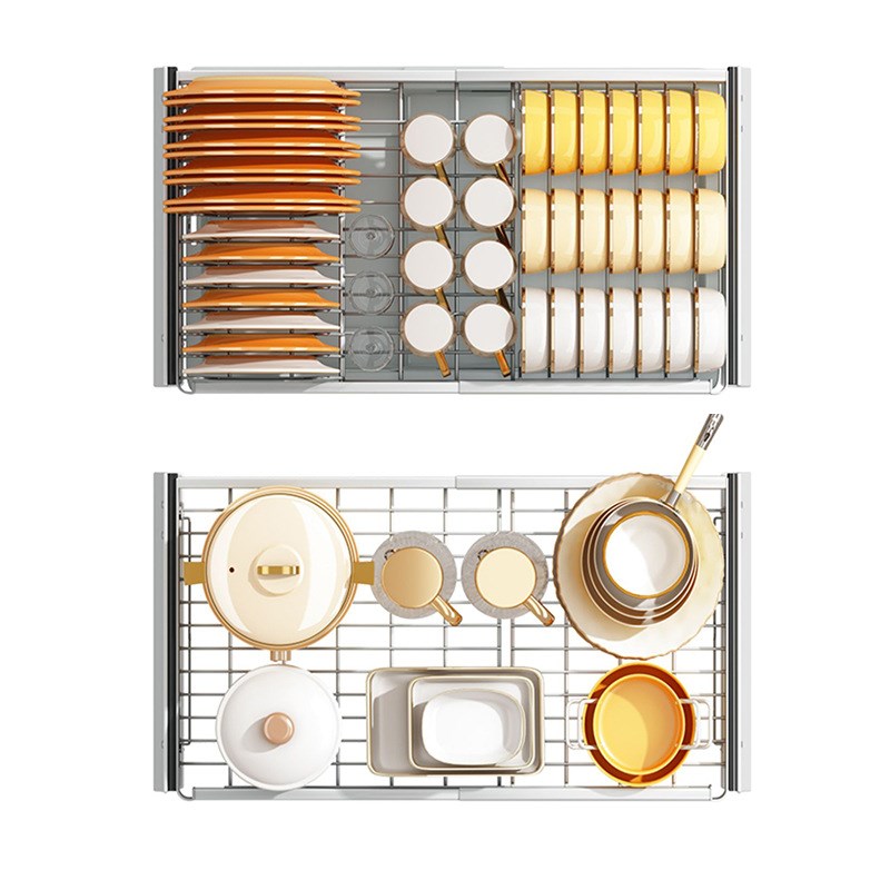 不锈钢厨房碗碟架伸缩拉篮抽屉式托盘多功能双层沥水碗架子置物架