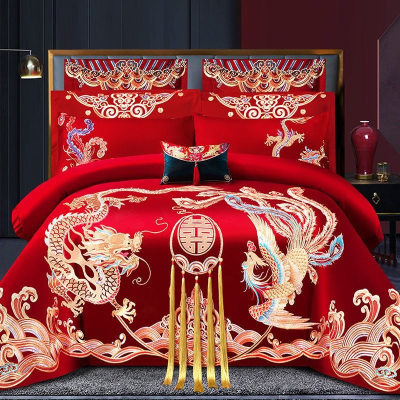 婚庆四件套大红龙凤刺绣新婚六八十件套结婚喜庆套件婚嫁床上用品