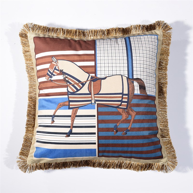 欧式高端爱马系列抱枕靠垫丽丝绒流苏款双面印花45*45cm抱枕套