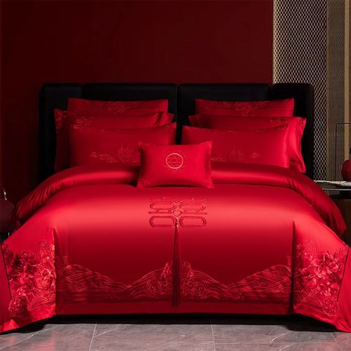 高挡中式婚庆四件套刺绣大红喜字被套结婚九件套床上用品量大从优