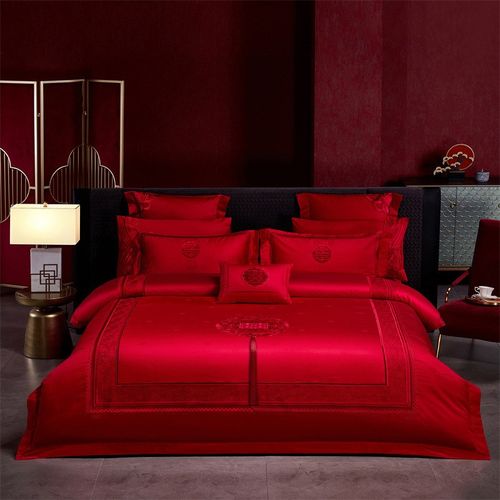 高端婚庆160支双股长绒棉刺绣B版四件套结婚大红结婚六件套八件套