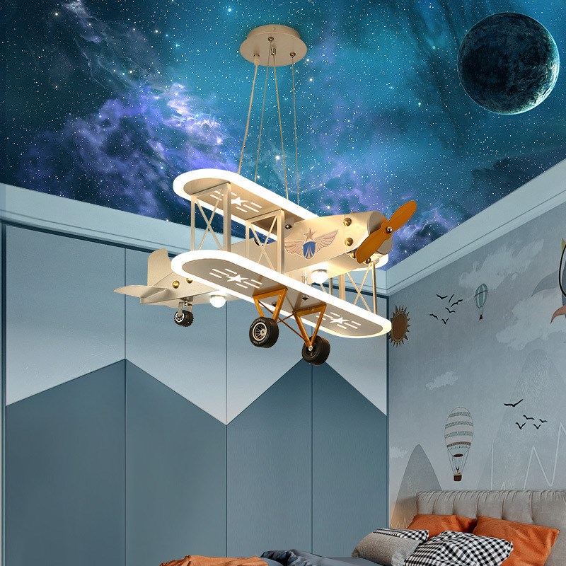 模型飞机灯儿童房创意男孩银色战斗机卧室吊灯航空主题幼儿园灯具