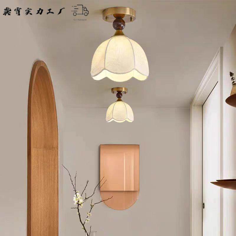 中古风入户灯法式复古简约玄关走廊过道灯衣帽间阳台实木布艺灯具