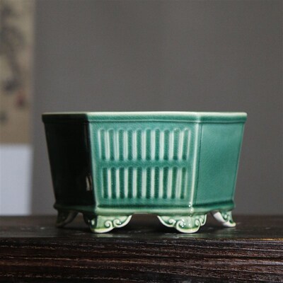 紫砂花盆陶瓷盆景盆六角形竹节六方陶盆实用盆觅陶乡冰裂开片釉