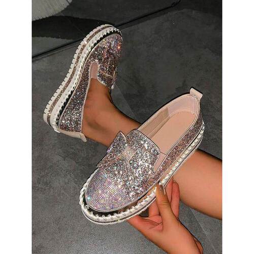 跨境Women's Fashionable Rhinestone Decorated Slip on Loafers