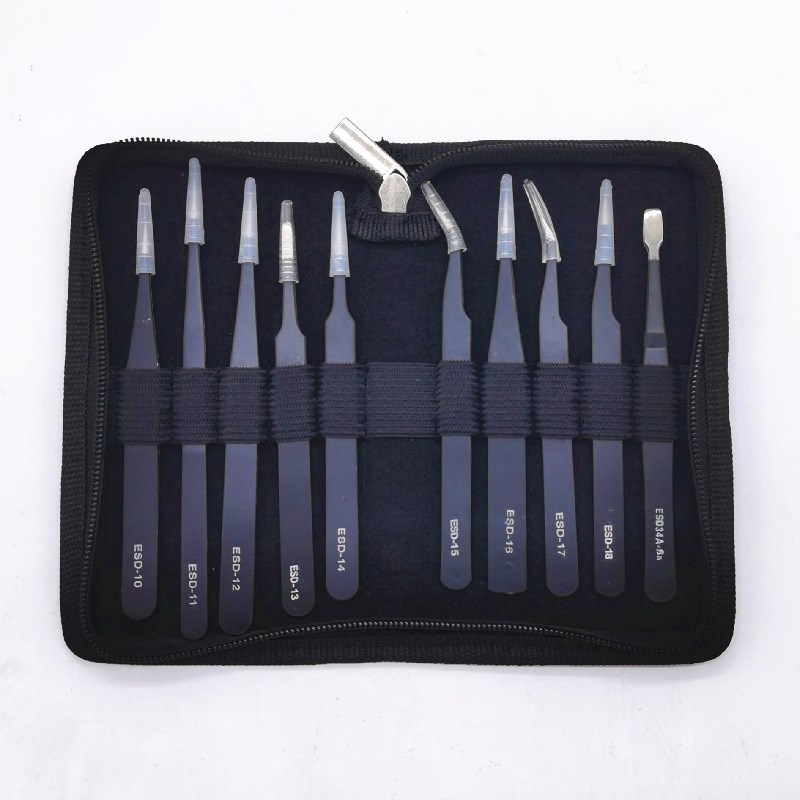 黑色镊子套装 皮包布袋11件套  不锈钢镊子 ESD镊子套装