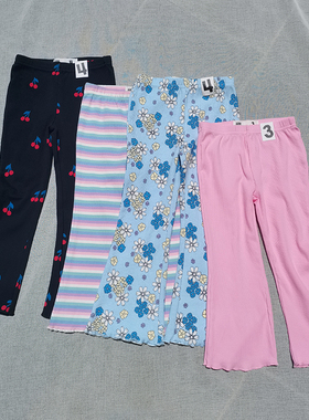 3件包邮2-10码澳单cott*n春秋女童螺纹棉高弹喇叭裤长裤花朵樱桃
