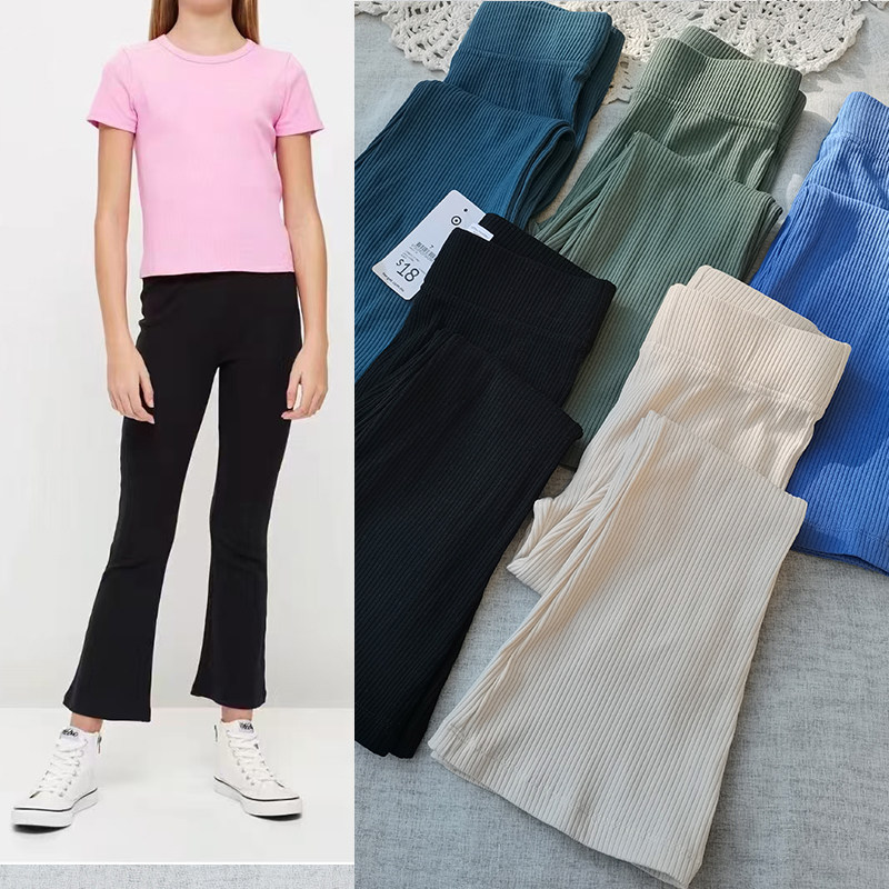 澳单新款~3件包邮7-16岁女童大童可亲子春秋坑条全棉喇叭裤长裤