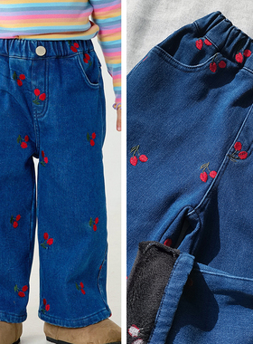 3样包邮110-150韩系女童秋冬加绒绣樱桃阔腿裤直筒裤一体绒休闲裤