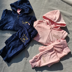 3样包邮4-12码 女童春秋季柔软天鹅绒连帽外套休闲裤长裤两件套装