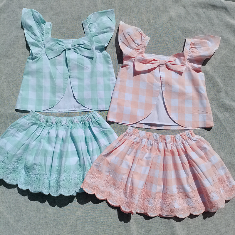 3样包邮欧美 女童夏季 格子露背上衣大裙摆半身裙两件套装
