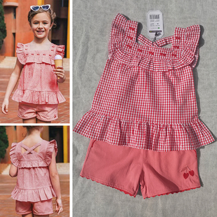 3样包邮2-7码法单女童夏季红格子刺绣樱桃 花边上衣短裤两件套装