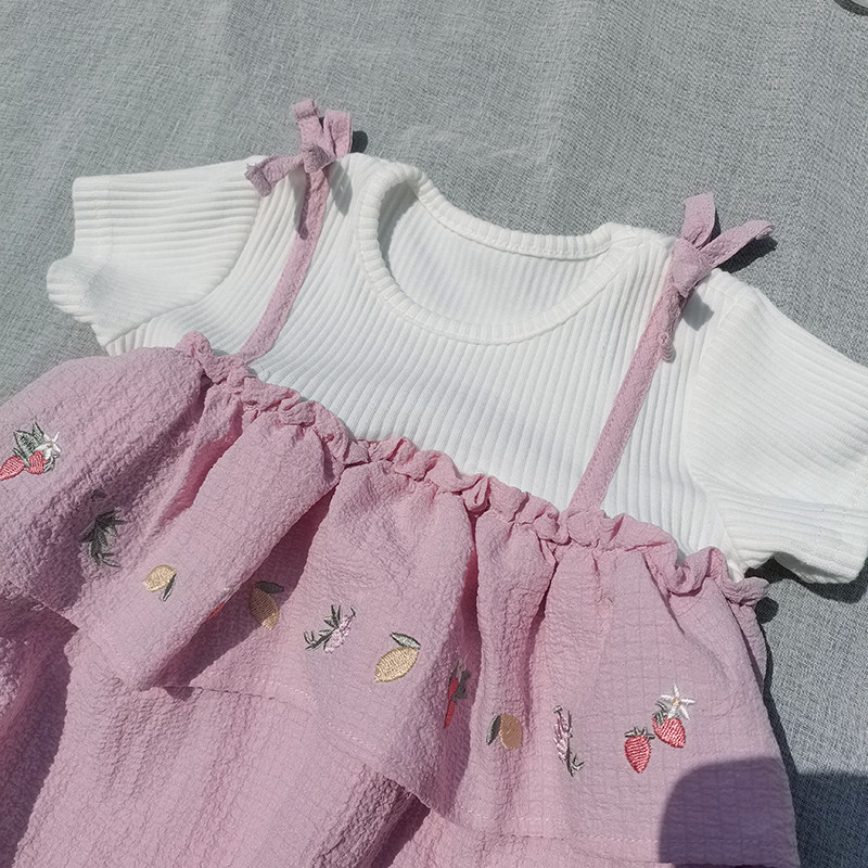 3样包邮90-120日单女童夏季螺纹棉宽松裙摆刺绣假两件短袖T恤上衣