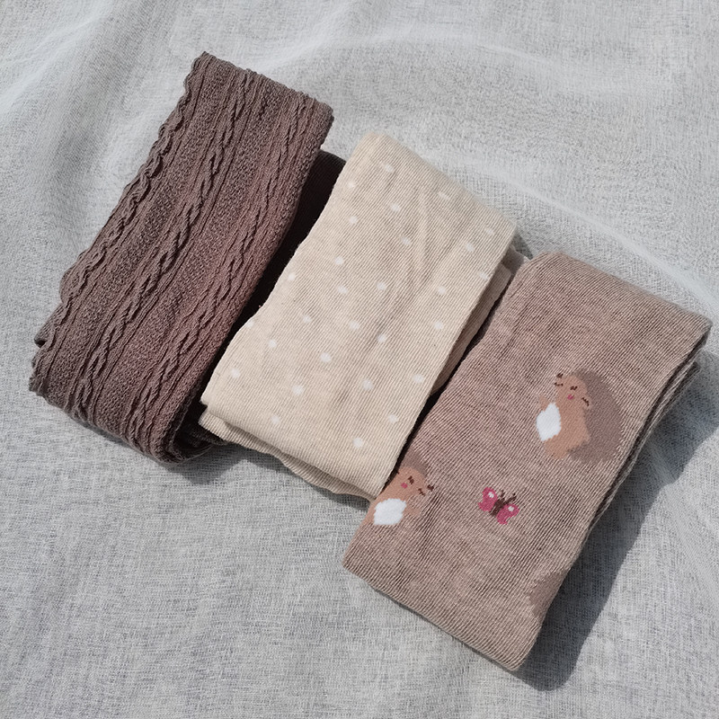 3件包邮 欧美尾 3-8岁 女童 春秋季 棉质咖色系刺猬 加裆连裤袜裤