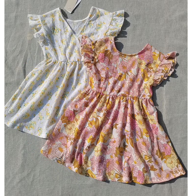 3样包邮2-8码 澳单 女童夏季小露背薄软雪纺飞袖花边花朵连衣裙