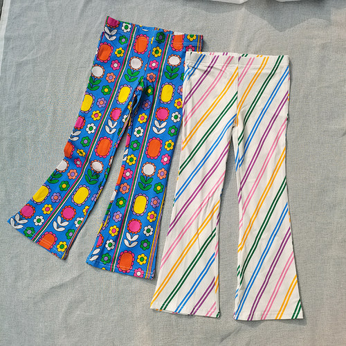 3件包邮5-10码澳单 个性复古图案 女童 春秋 修身喇叭裤长裤95%棉