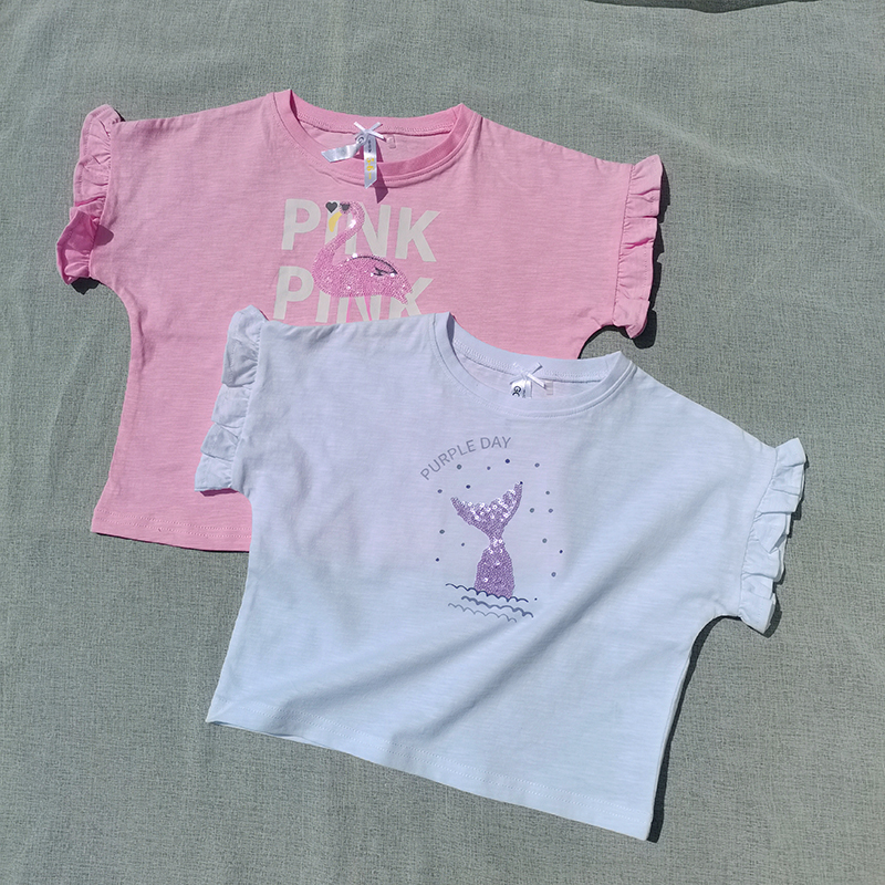 3样包邮2-12码 欧美尾 女童夏季全棉竹节棉火烈鸟鱼尾亮片短袖T恤