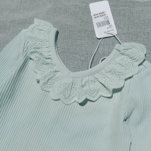 7码 欧美尾女童春秋螺纹棉修身 花边V领长袖 3样 T恤打底衫 包邮