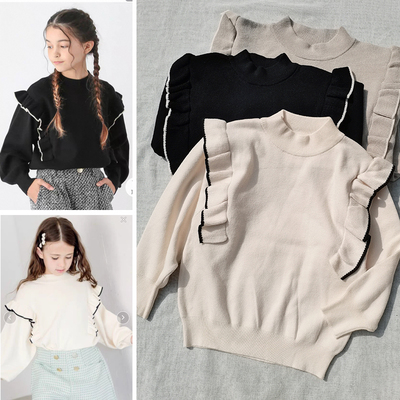 3件包邮100-160日单尾女童中大童 秋冬 荷叶边针织衫套头毛衣