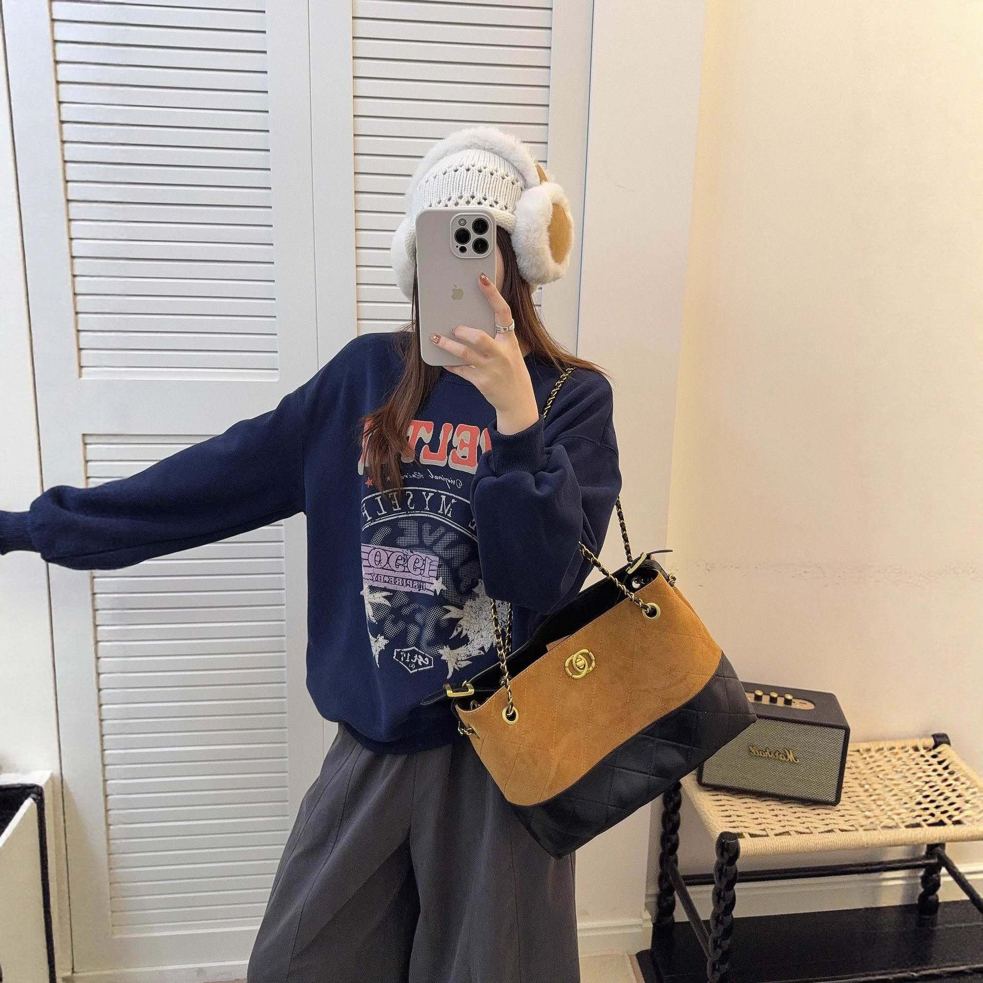 韩代热巴同款复古印花加绒卫衣