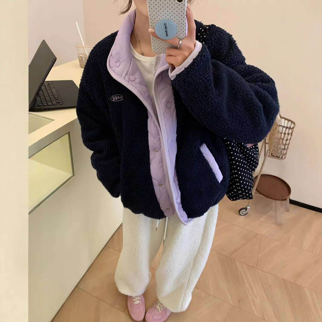 韩国撞色正反两穿羊羔绒外套女冬