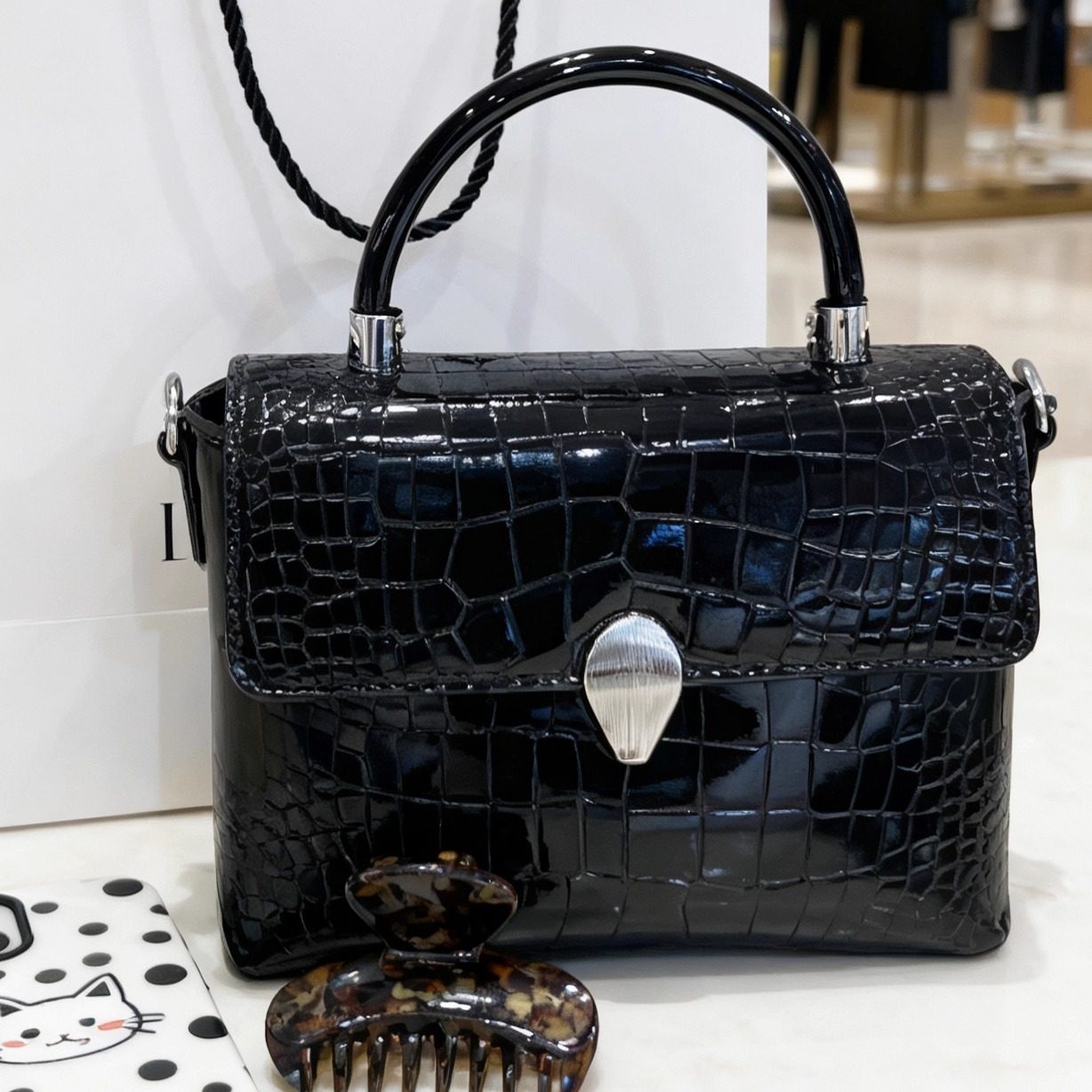 时尚高级感亮面鳄鱼纹手提包小众设计豹纹漆皮女士单肩斜挎包包,箱包皮具/热销女包/男包,手拿包,淘宝优惠券,粉丝福利购,淘宝优惠卷