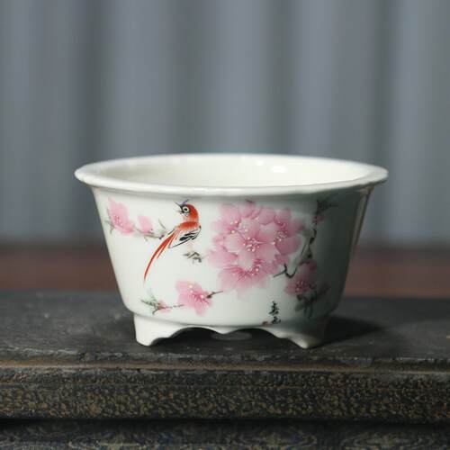 紫砂花盆手绘彩绘青花瓷圆形陶瓷盆景盆宜兴瓷盆手工喜上眉梢