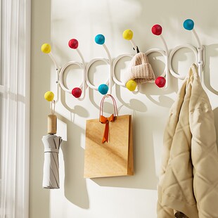 免打孔铁艺木球排钩墙上挂钩粘钩卧室客厅创意挂衣架门后挂衣钩