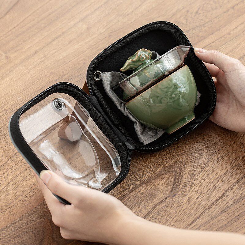 得闲饮茶祥云造型越窑青瓷快客杯一壶二杯式旅行茶具