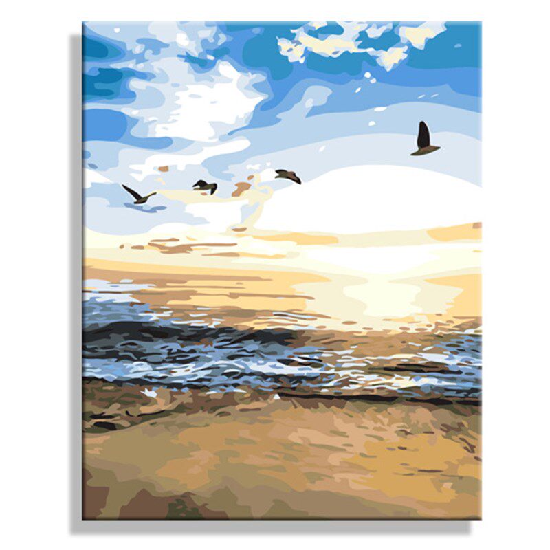 飞的更自绘数字油彩画大海风景海鸥日出客厅卧室装饰油画