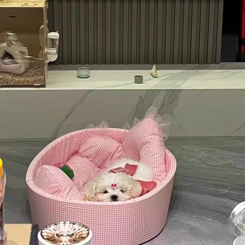 狗窝四季通用泰迪比熊小型犬可拆洗垫子宠物睡觉粉色格子狗床沙发