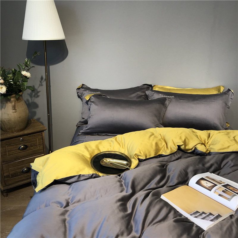 简约纯色80支双面天丝四件套 纯色拼接绣花莱赛尔床上用品包邮